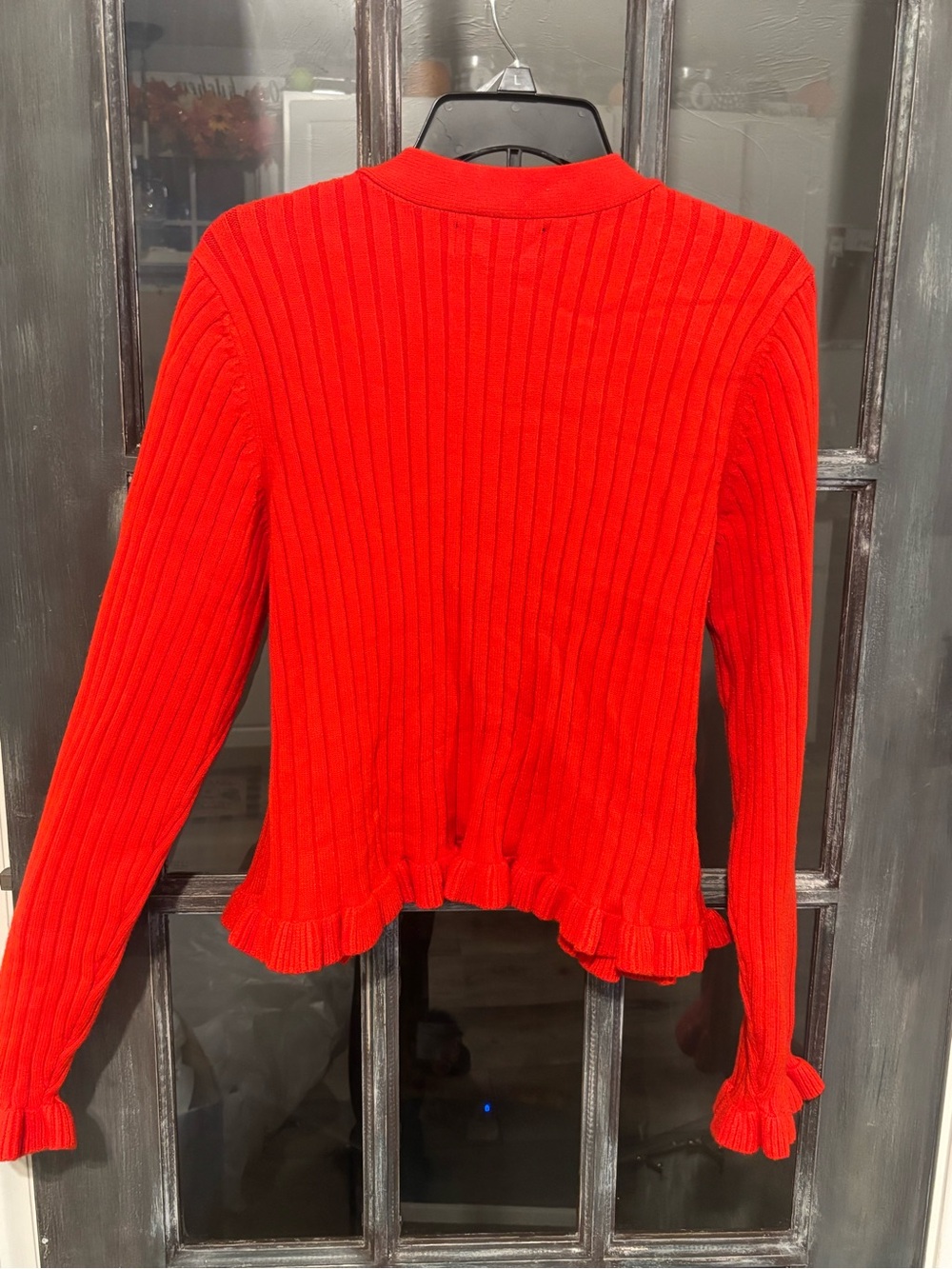 Laundry by Shelli Segal Red Ribbed Pearl Button Ruffle Cardigan - Picture 8 of 10